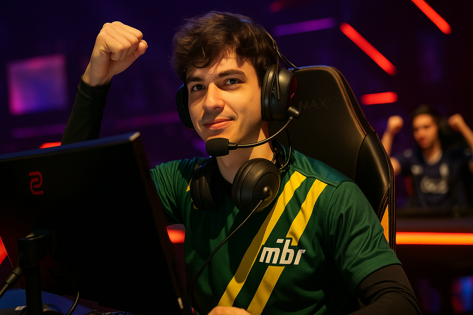Aspas celebrando con la camiseta de MIBR en un torneo de VALORANT, mostrando confianza y energía en el escenario.