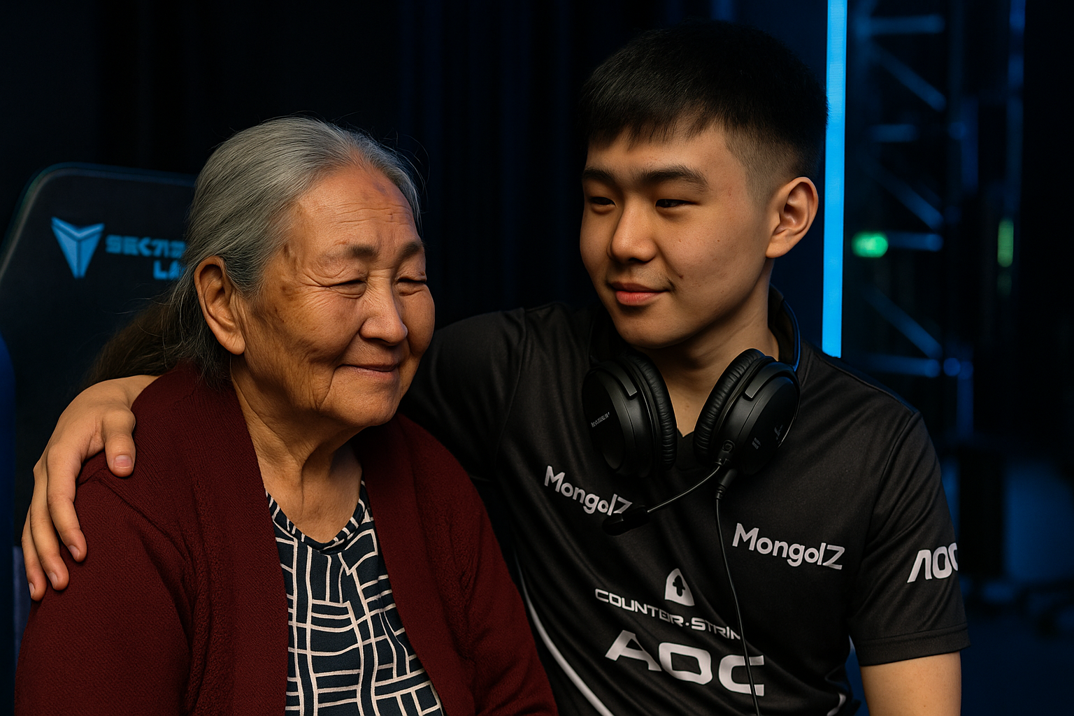 Jugador mongol de CS2 mzinho abrazando a su abuela en un momento emotivo detrás del escenario