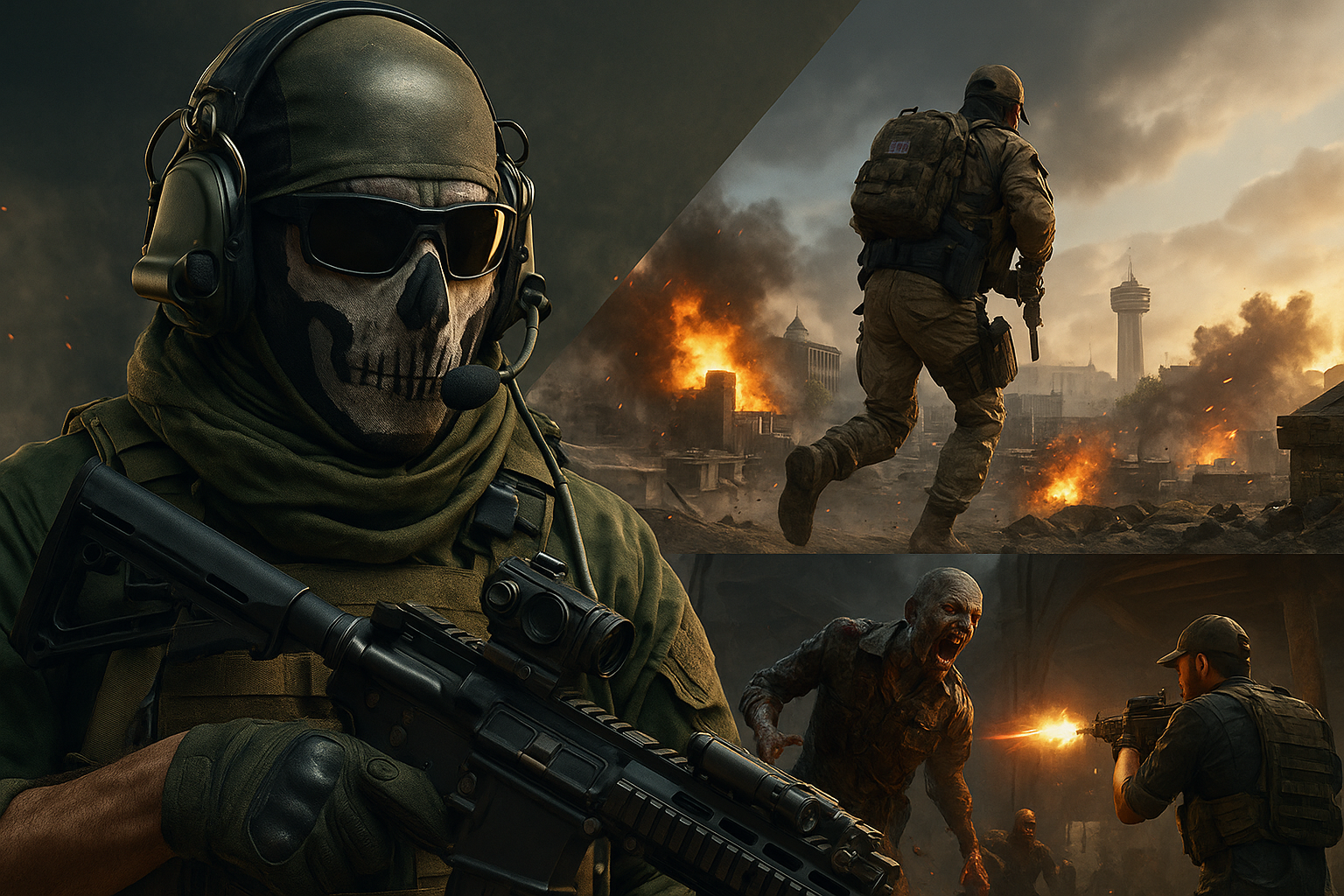 Imagen promocional de Call of Duty NEXT 2025 mostrando acción militar, explosiones y modo Zombies.