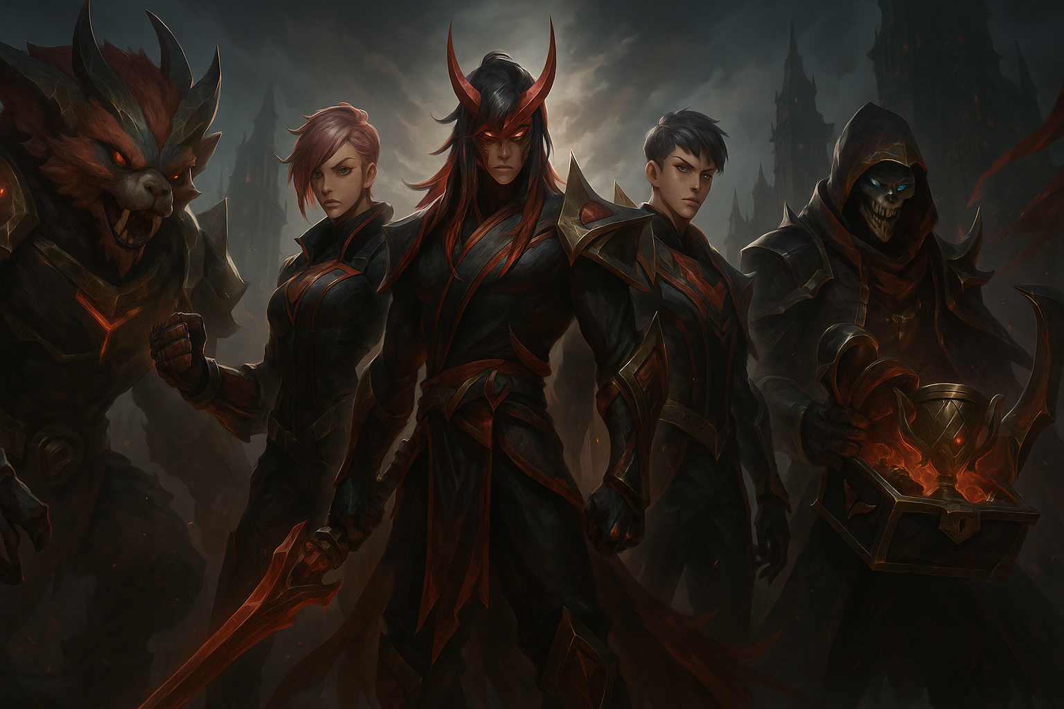 Campeones de League of Legends con skins de T1 Worlds 2024 posando en un escenario oscuro y épico.