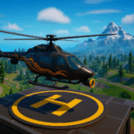 Helicóptero Hammerhead Choppa volando sobre Fortnite en un paisaje urbano y montañoso.