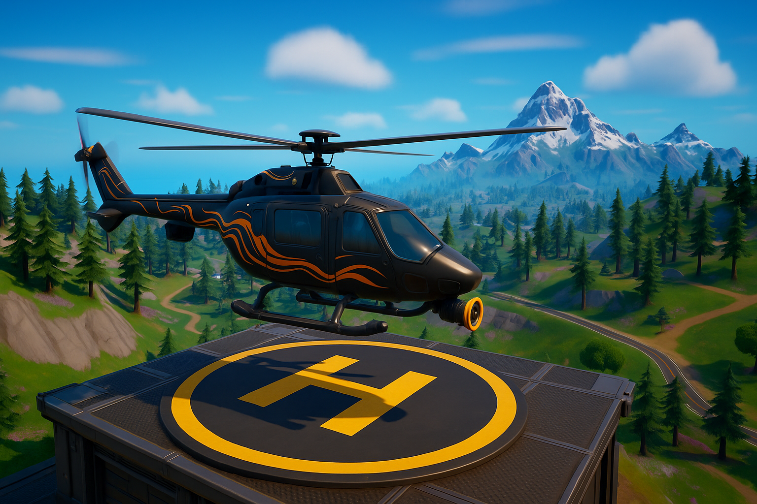 Helicóptero Hammerhead Choppa volando sobre Fortnite en un paisaje urbano y montañoso.