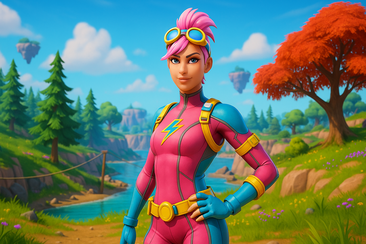 Skin exclusiva Thrilldiver de Fortnite Vivo Valoriza en paisaje vibrante