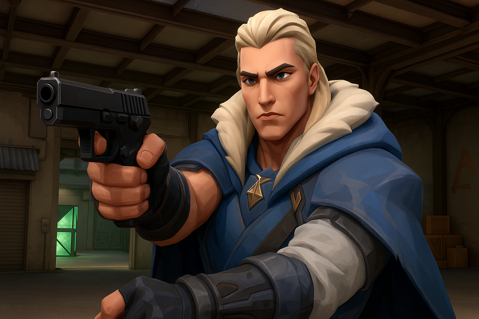 Agente Sova de VALORANT apuntando con pistola en mapa industrial, parte del test de pureza Rice Purity