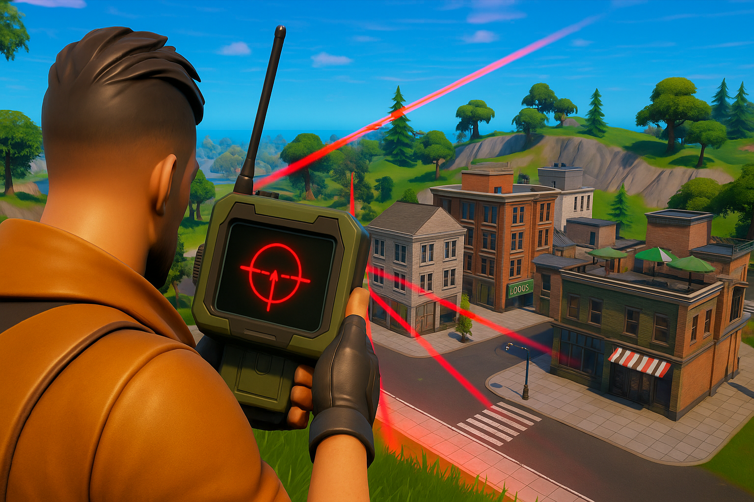 Jugador de Fortnite usando el dispositivo Precision Air Strike para apuntar a una ciudad en la isla