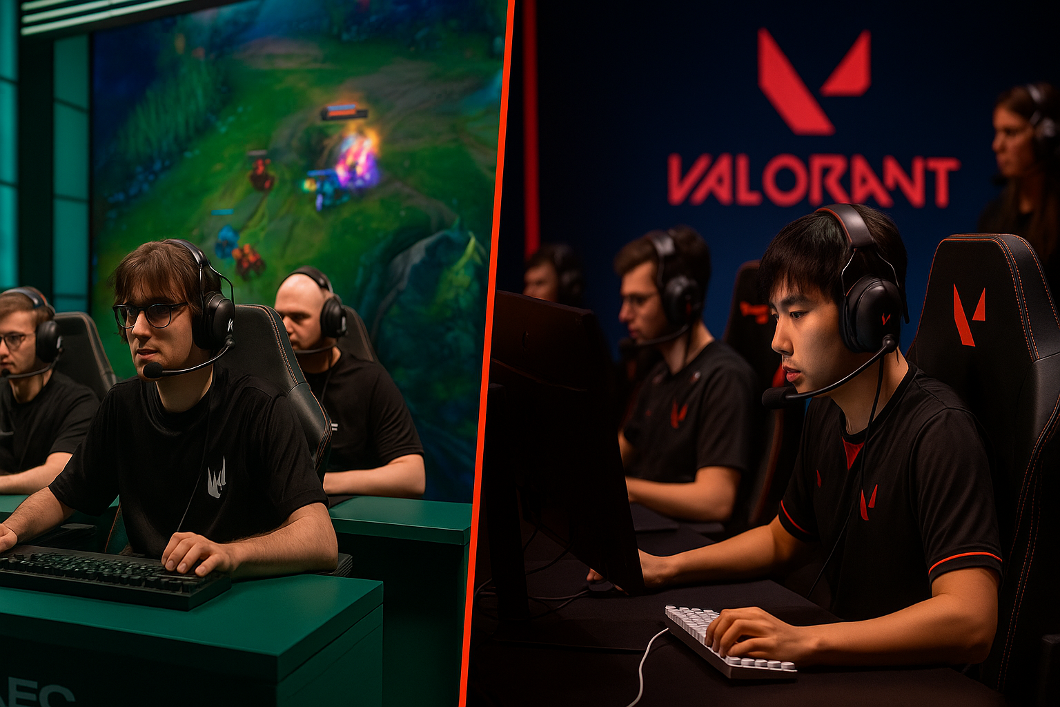 Jugadores profesionales compitiendo en LEC y VALORANT, reflejando el cruce de horarios en los esports