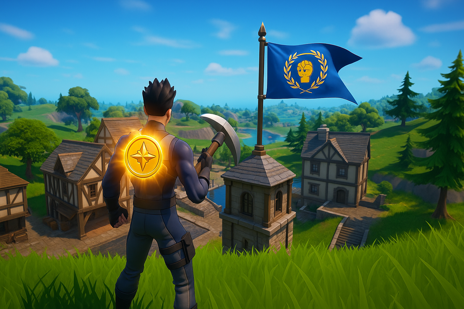 Jugador con la Medalla de Saitama capturando la Bandera en Fortnite Blitz