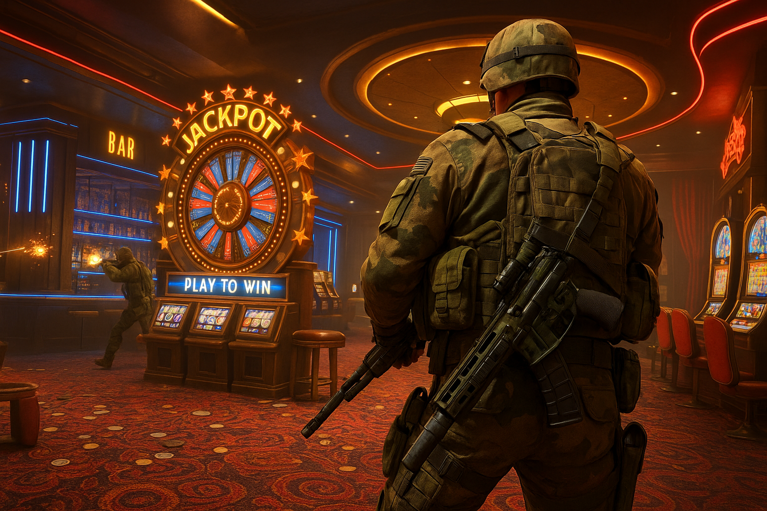 Soldados combatiendo en el mapa Jackpot de Black Ops 6 Season 5 Reloaded
