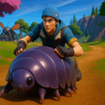 Personaje de Fortnite montando un Roly Poly en camino del mapa