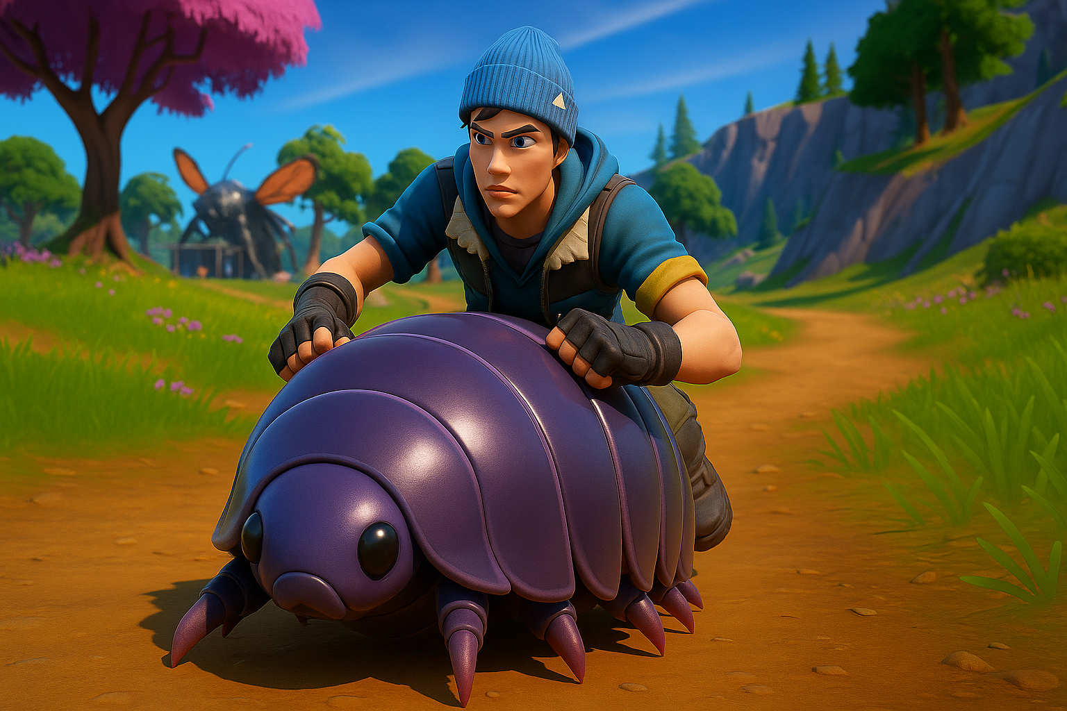 Personaje de Fortnite montando un Roly Poly en camino del mapa