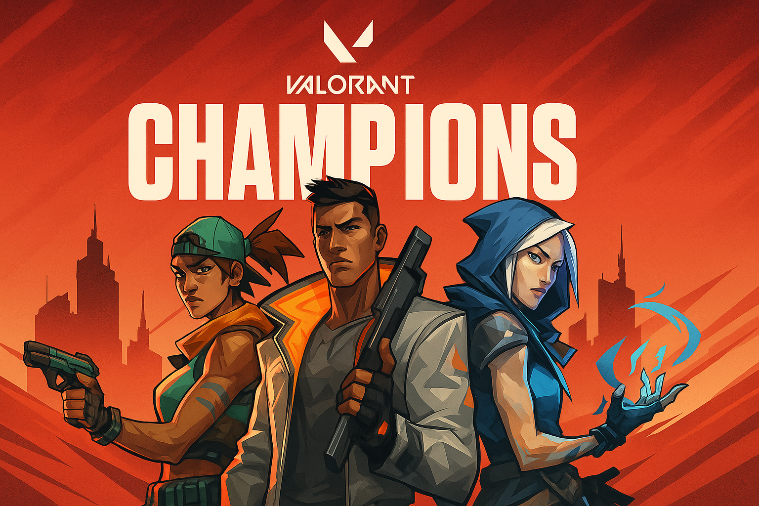 Agentes de VALORANT posando en póster oficial de Champions 2025 en París