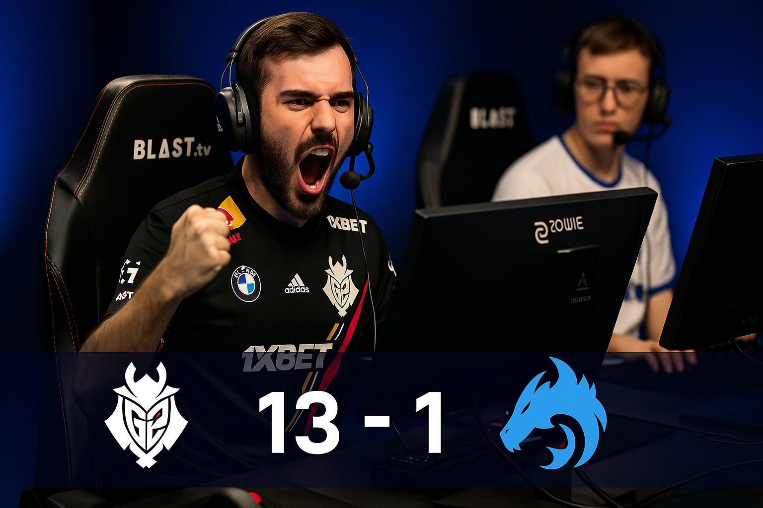 Jugador de G2 celebrando la victoria 13-1 sobre Spirit en BLAST Open London