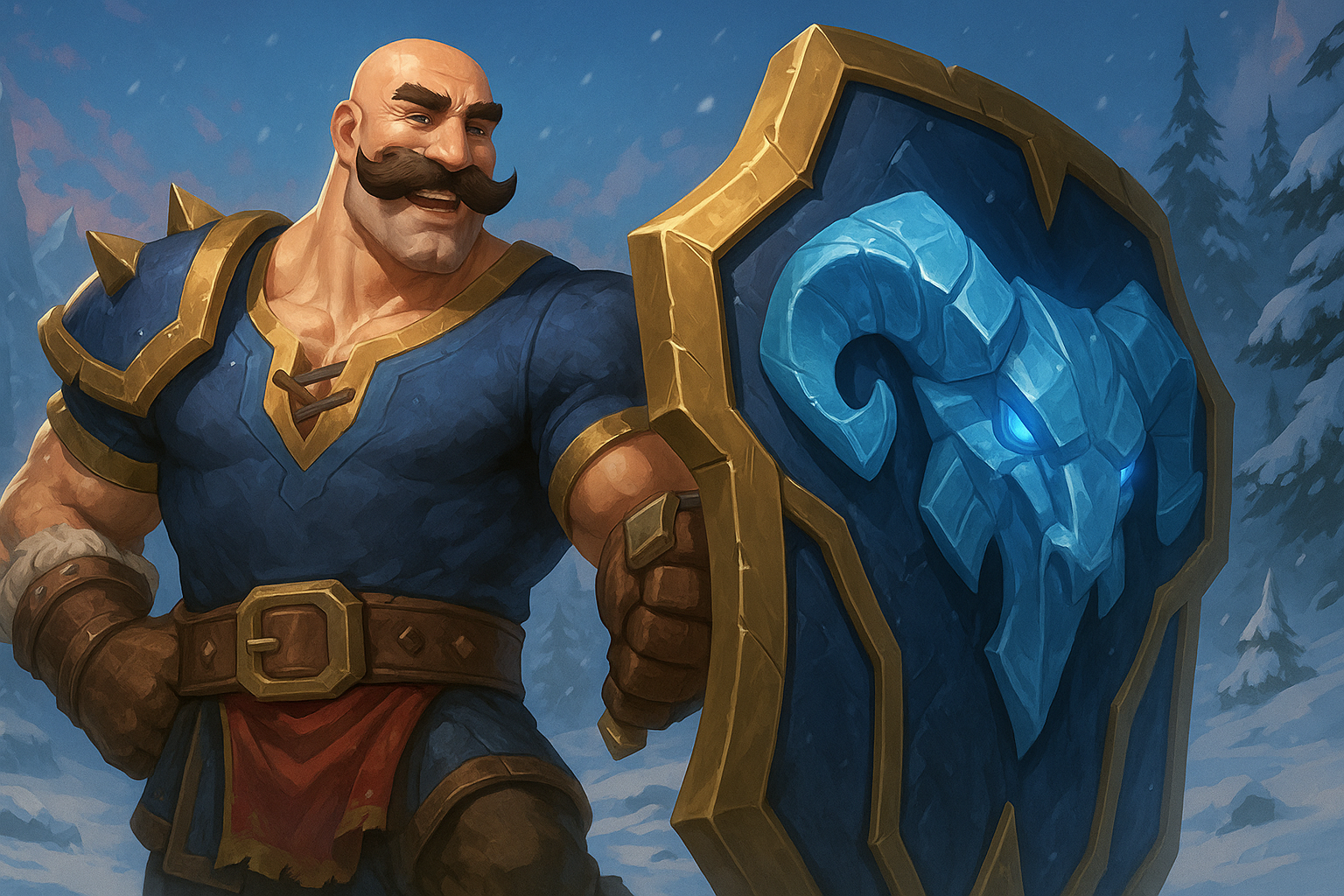 Braum de League of Legends con su escudo en paisaje nevado, arte oficial de Clash 2025