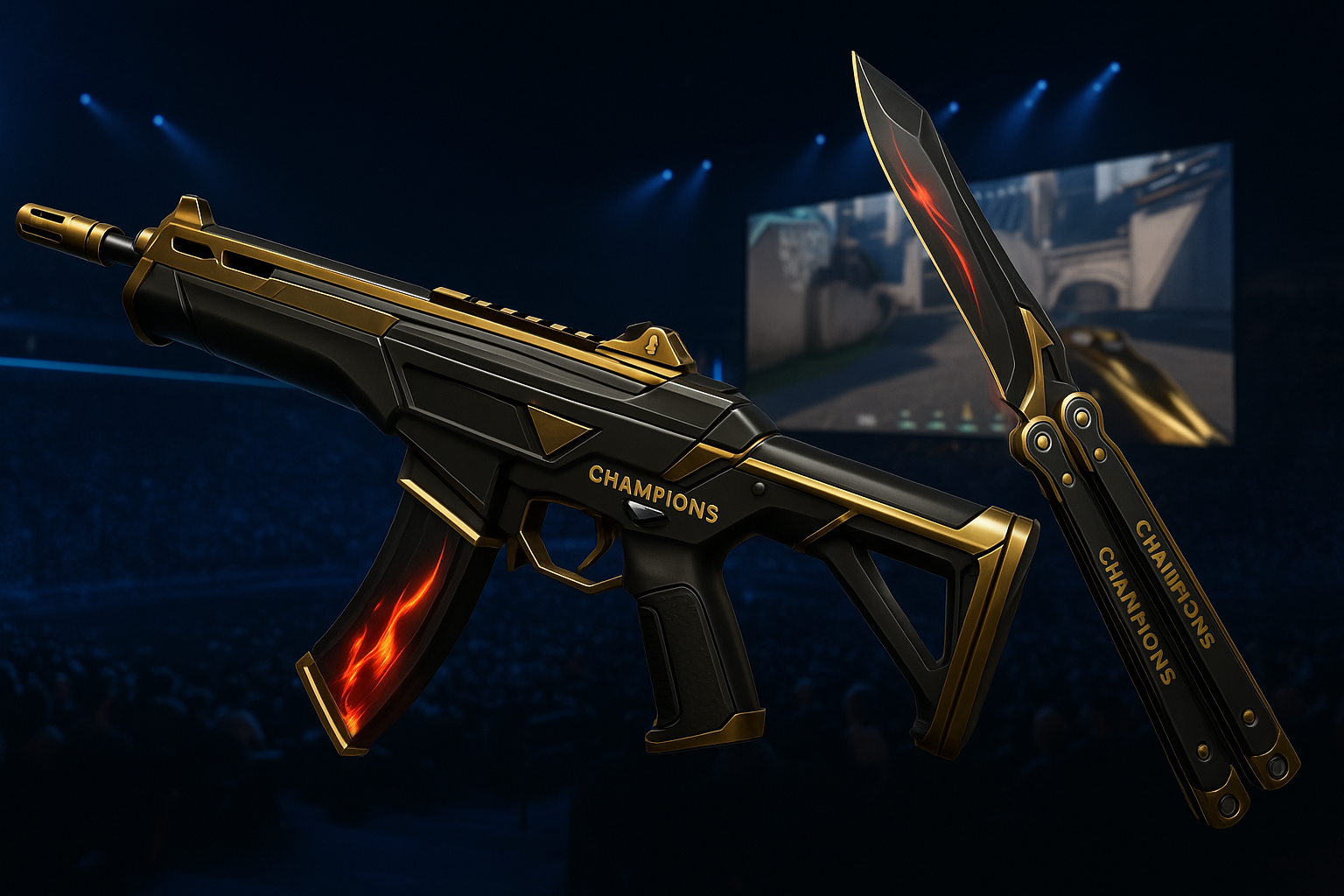 Armas exclusivas del bundle VALORANT Champions 2025: Vandal y Butterfly Knife en negro y dorado, destacando en un estadio de esports lleno.