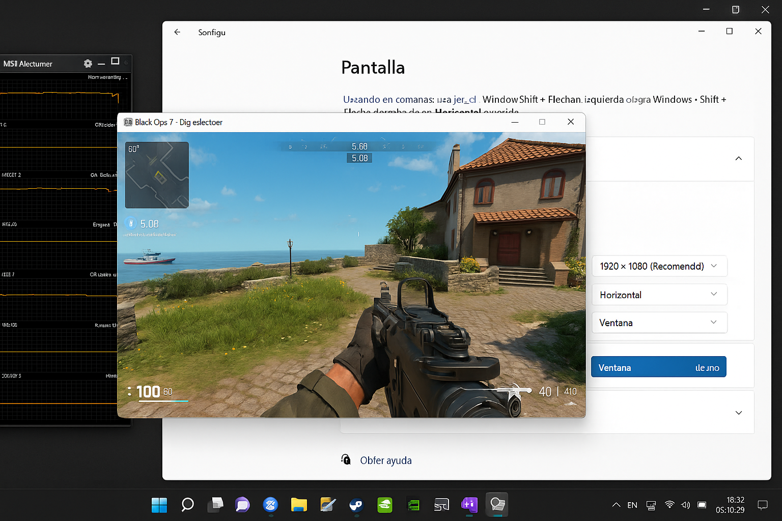 Jugador ajustando la configuración de Call of Duty Black Ops 7 en modo ventana para mejorar el rendimiento del juego.