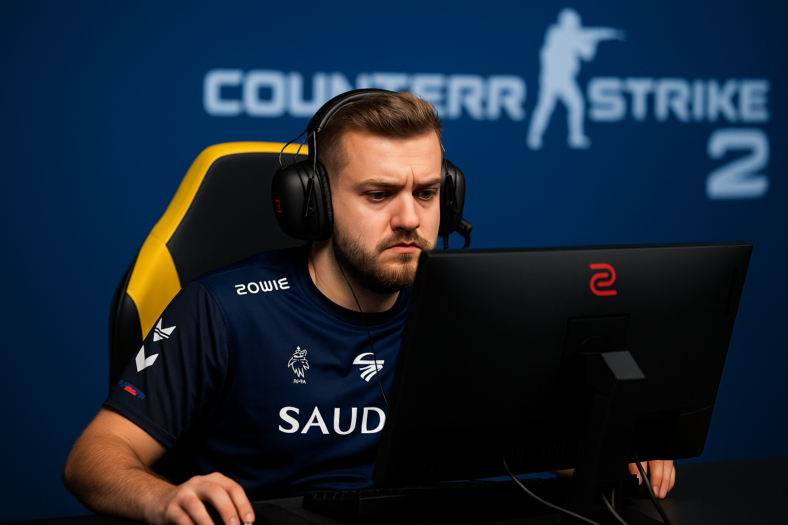 Jugador profesional de Counter-Strike 2 concentrado en un torneo, con luces azules y ambiente competitivo.