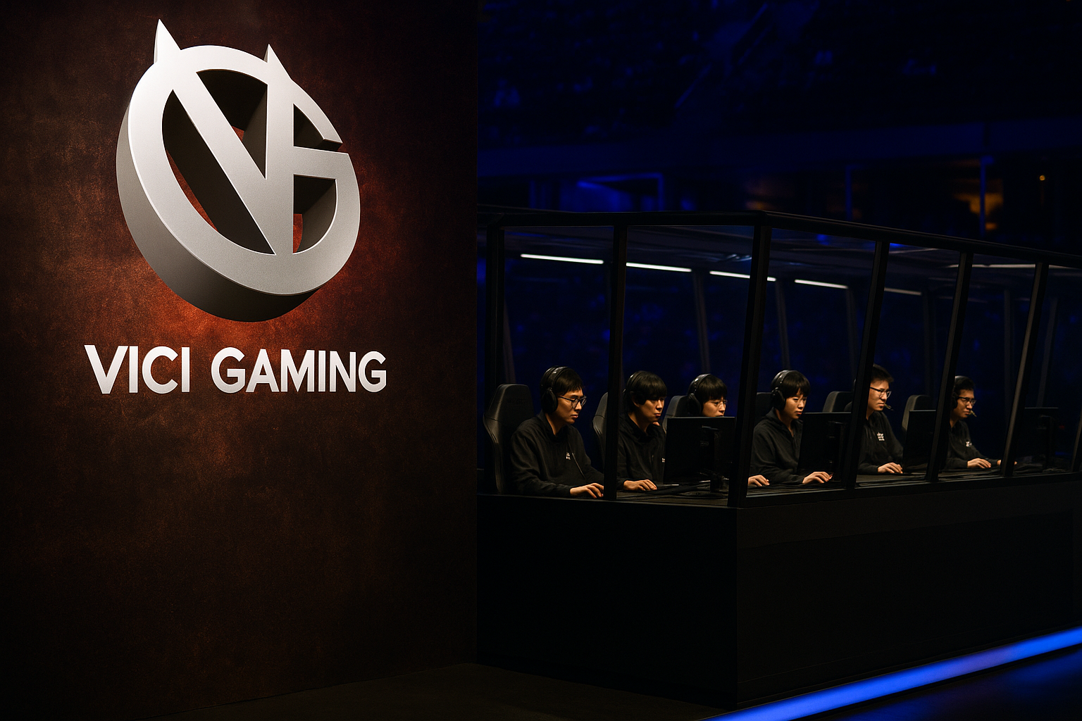 Jugadores de Vici Gaming en su regreso al competitivo de Dota 2, en una arena de esports en Shanghái con luces azules y ambiente intenso.