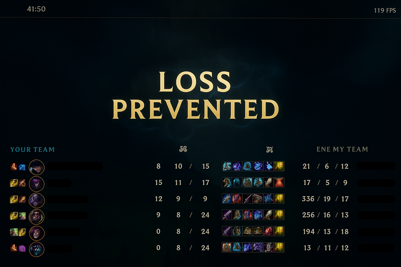Pantalla de League of Legends mostrando el mensaje de “pérdida evitada” después de una partida, con fondo oscuro y detalles de estadísticas del juego.