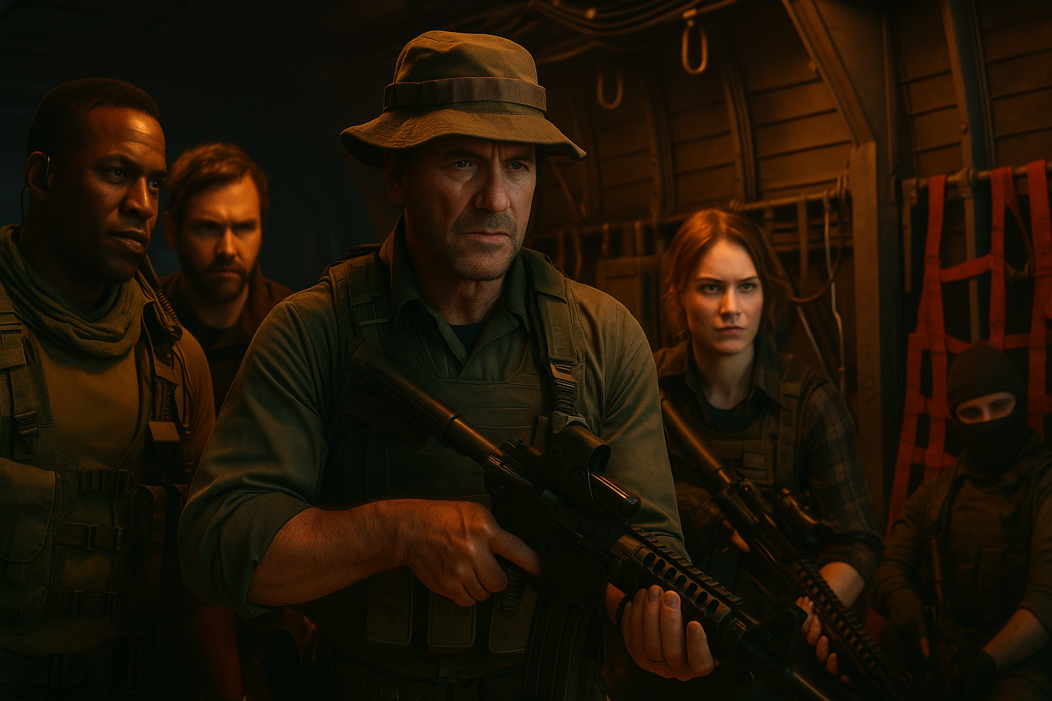 Soldados de Black Ops 6 listos para el combate en un ambiente oscuro y cinematográfico dentro de una nave militar.