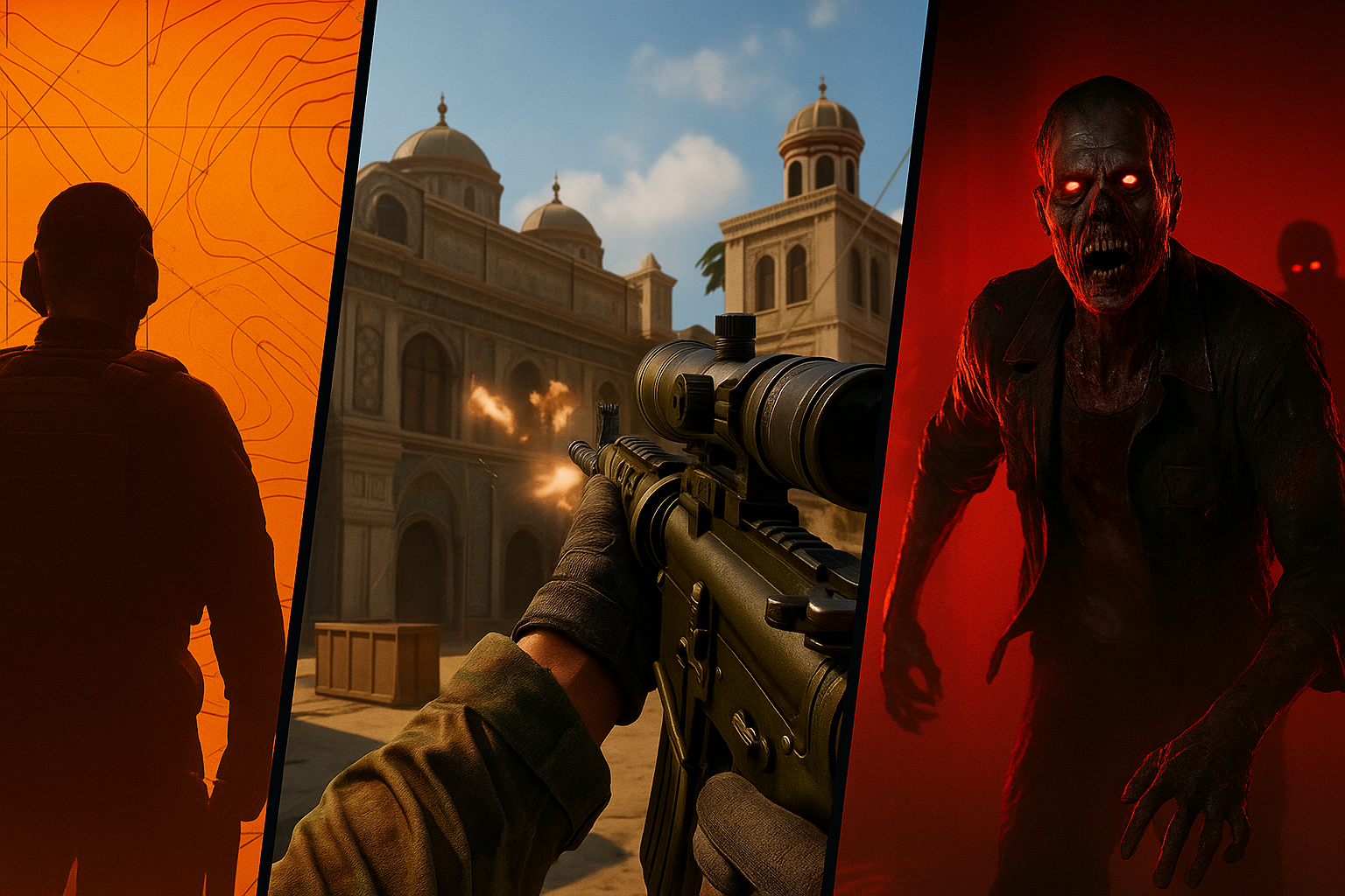 Escena de Black Ops 7 mostrando combate urbano, exploración táctica y modo Zombies con un ambiente cinematográfico lleno de acción.