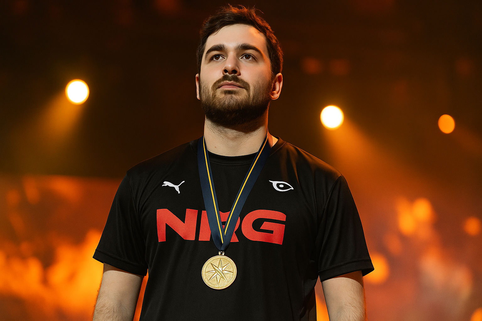 Ethan de NRG celebrando su victoria en VALORANT Champions 2025 con medalla de oro bajo luces de escenario.