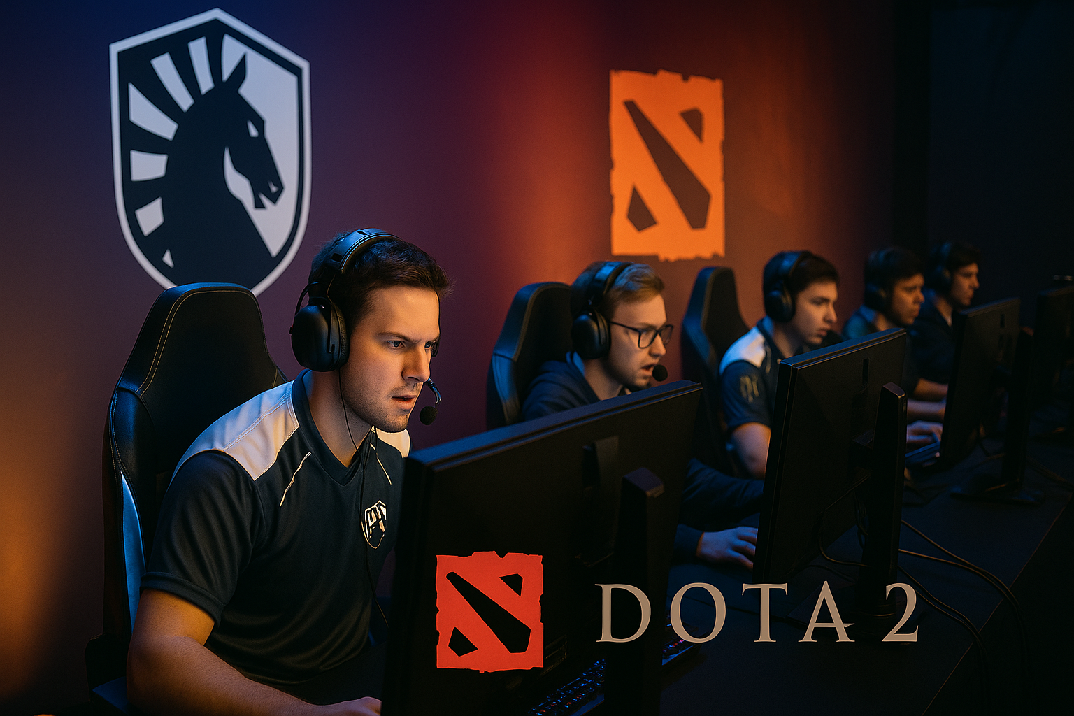 Jugadores profesionales de Dota 2 compitiendo en un torneo LAN bajo luces azules y naranjas durante el BLAST Slam IV en Singapur.