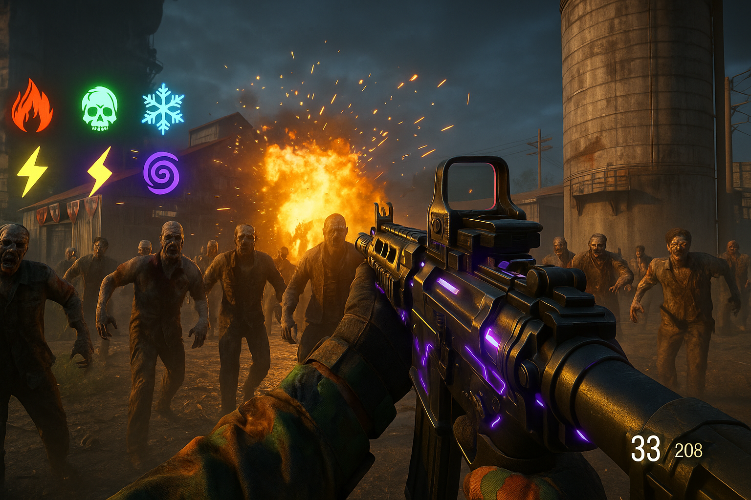 Jugador en modo Zombies de Black Ops 7 disparando a una horda mientras su arma brilla con efectos eléctricos y de fuego.