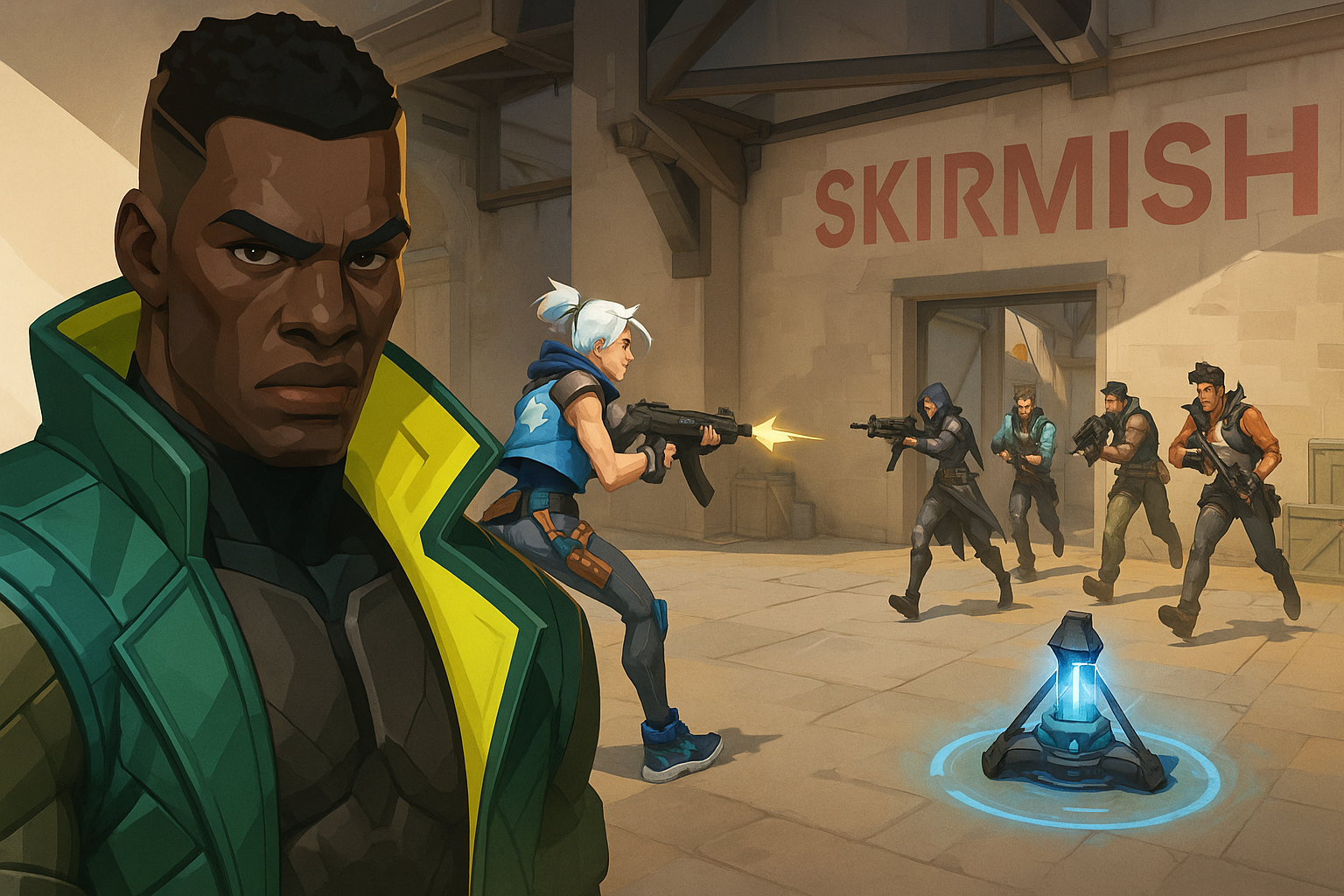 Veto, el nuevo agente de VALORANT, enfrentando a otros personajes en un mapa del modo Skirmish bajo luces cálidas y azules.