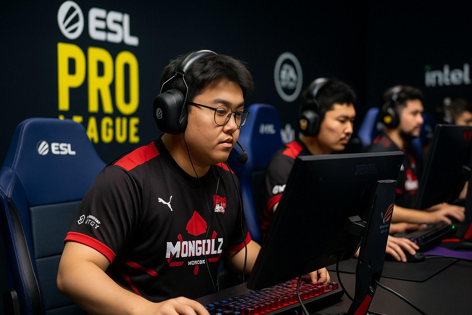 Jugadores profesionales de Counter-Strike 2 compitiendo en el escenario de la ESL Pro League en Estocolmo.