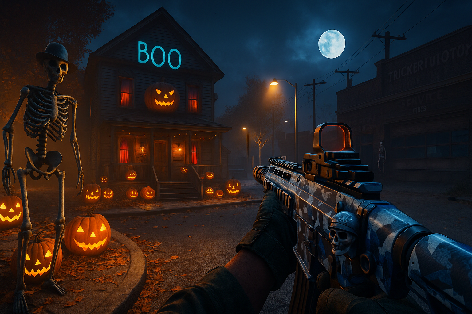 Soldado armado explorando un mapa de Halloween en Call of Duty Black Ops 6, con calabazas iluminadas y una casa embrujada bajo la luna.