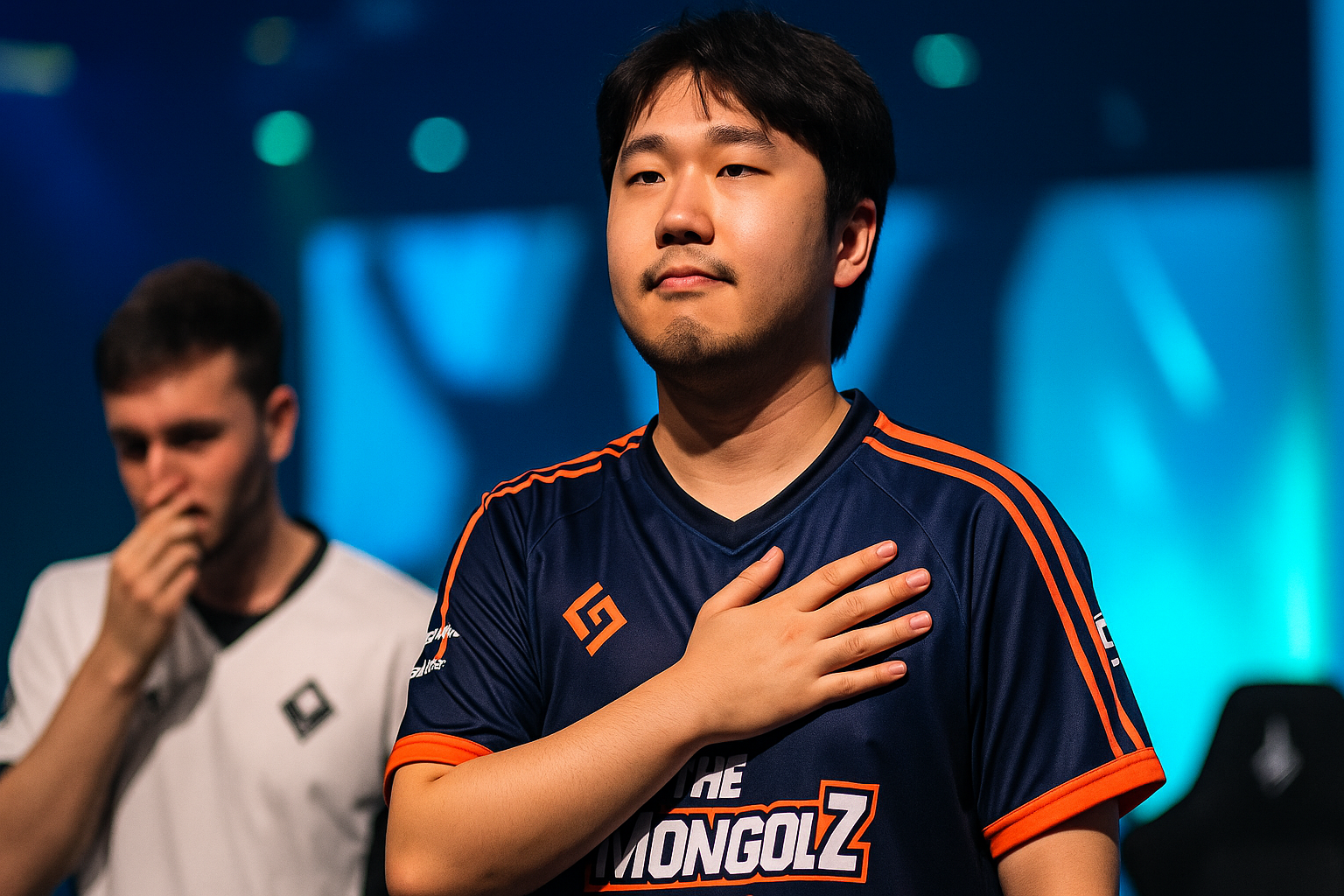 Jugador asiático de The MongolZ en el escenario de un torneo de CS2, con una expresión seria y fondo iluminado en tonos azules.