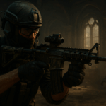 Soldado apuntando con su rifle en una misión dentro de un edificio oscuro, inspirado en Call of Duty: Black Ops 7.