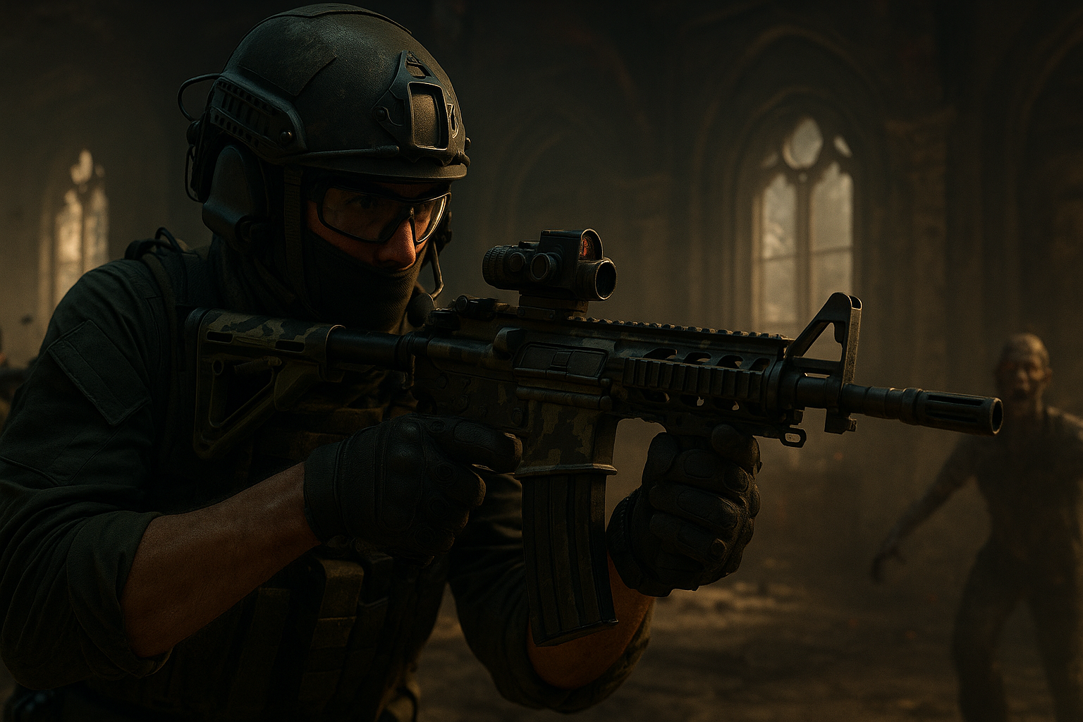 Soldado apuntando con su rifle en una misión dentro de un edificio oscuro, inspirado en Call of Duty: Black Ops 7.