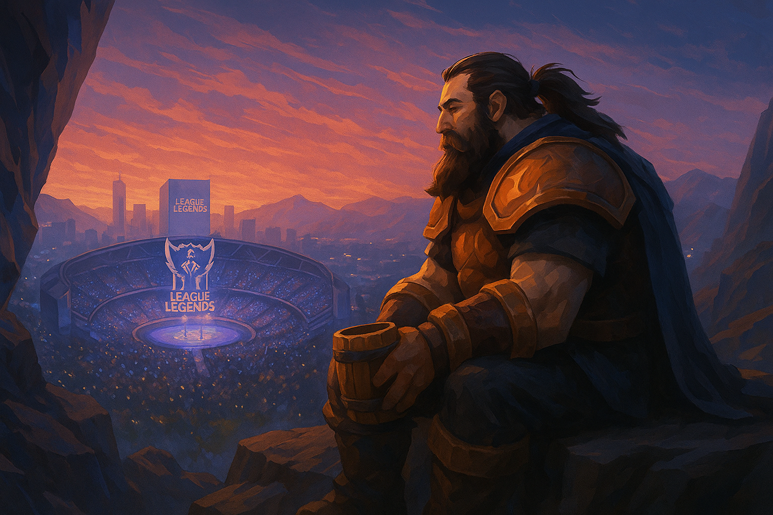 Guerrero de League of Legends observando un estadio lleno durante Worlds 2025 al atardecer, en homenaje a Shushei.