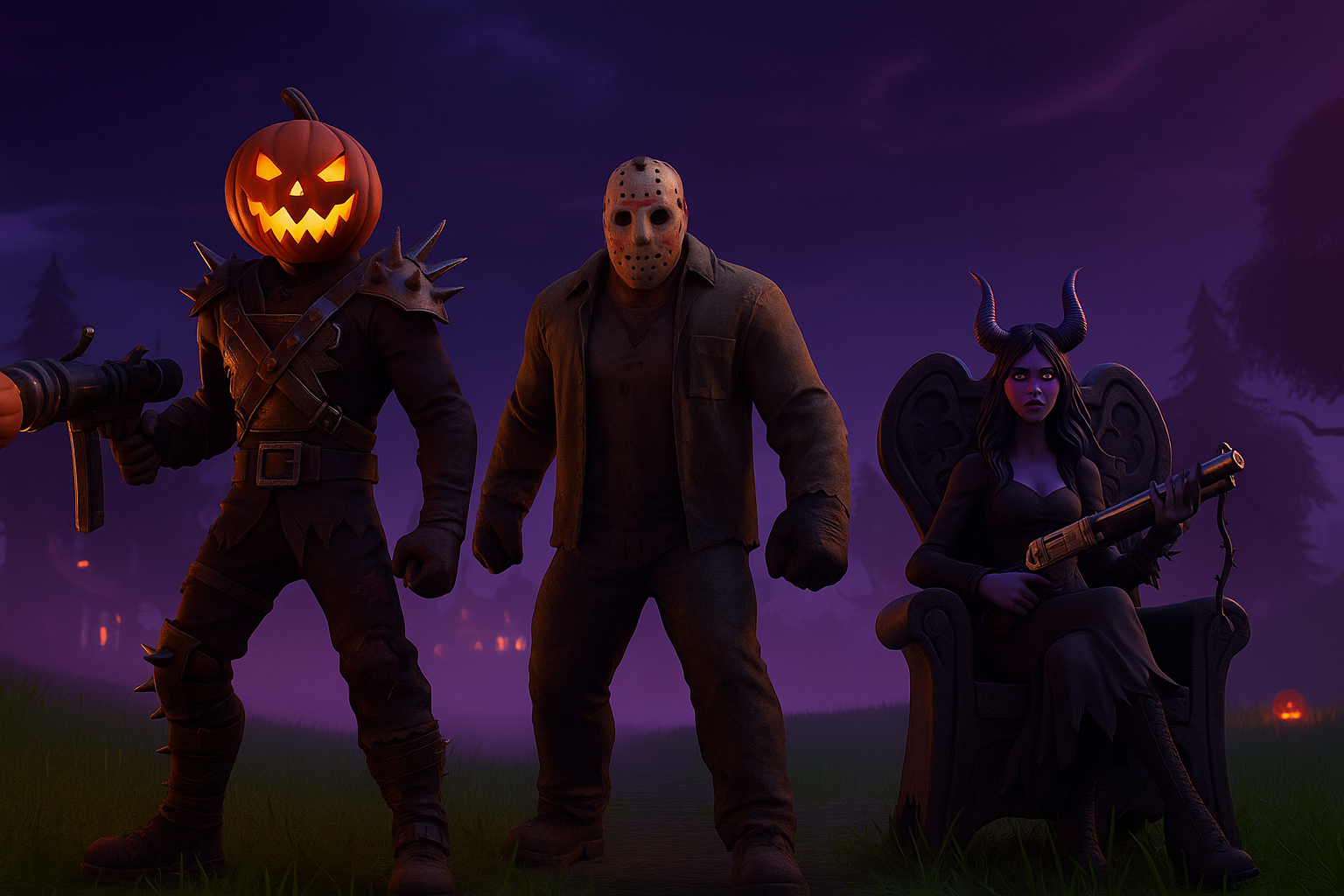 Jefes de Fortnitemares 2025: Carver Ultima, Jason Voorhees y Doja Cat bajo la luna llena.
