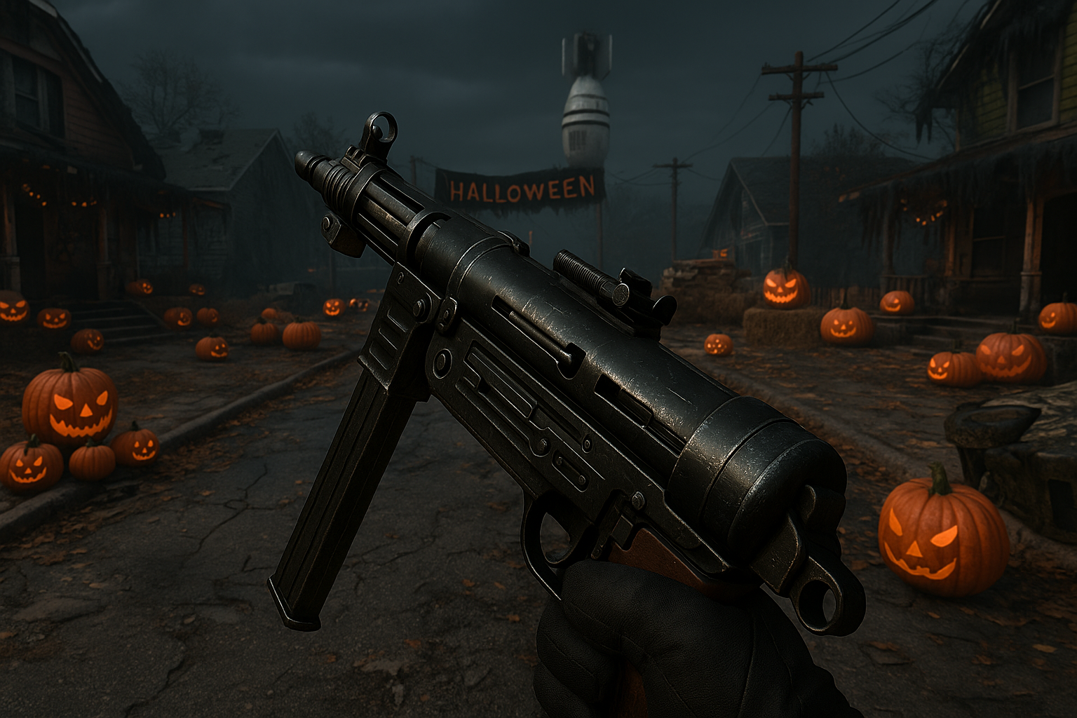 arma Dresden 9mm en mapa de Halloween de Black Ops 6 con calabazas y ambiente oscuro