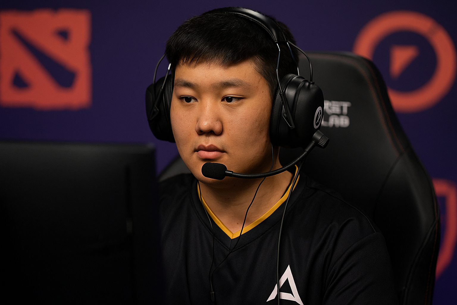 jugador profesional de e-sports concentrado jugando Dota 2 en un ambiente competitivo con luces moradas y logos de torneo