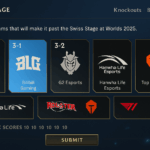 Interfaz del Worlds 2025 Pick’Em de League of Legends mostrando equipos y predicciones en pantalla