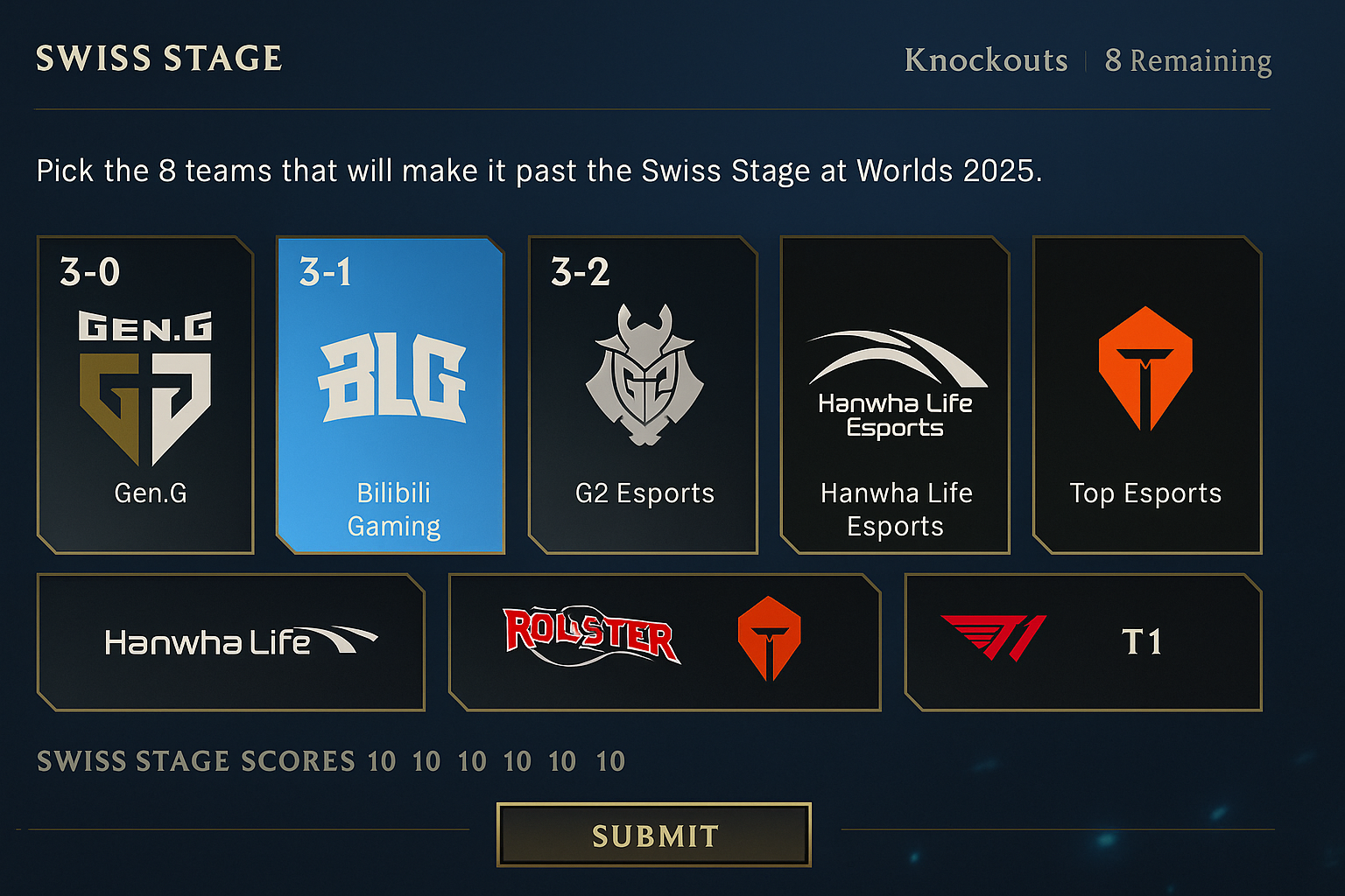 Interfaz del Worlds 2025 Pick’Em de League of Legends mostrando equipos y predicciones en pantalla