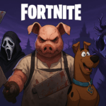 personajes de Fortnitemares 2025 en Fortnite, incluyendo Pig The Butcher, Ghostface, Scooby Doo y Mother of Thorns en un ambiente oscuro de Halloween