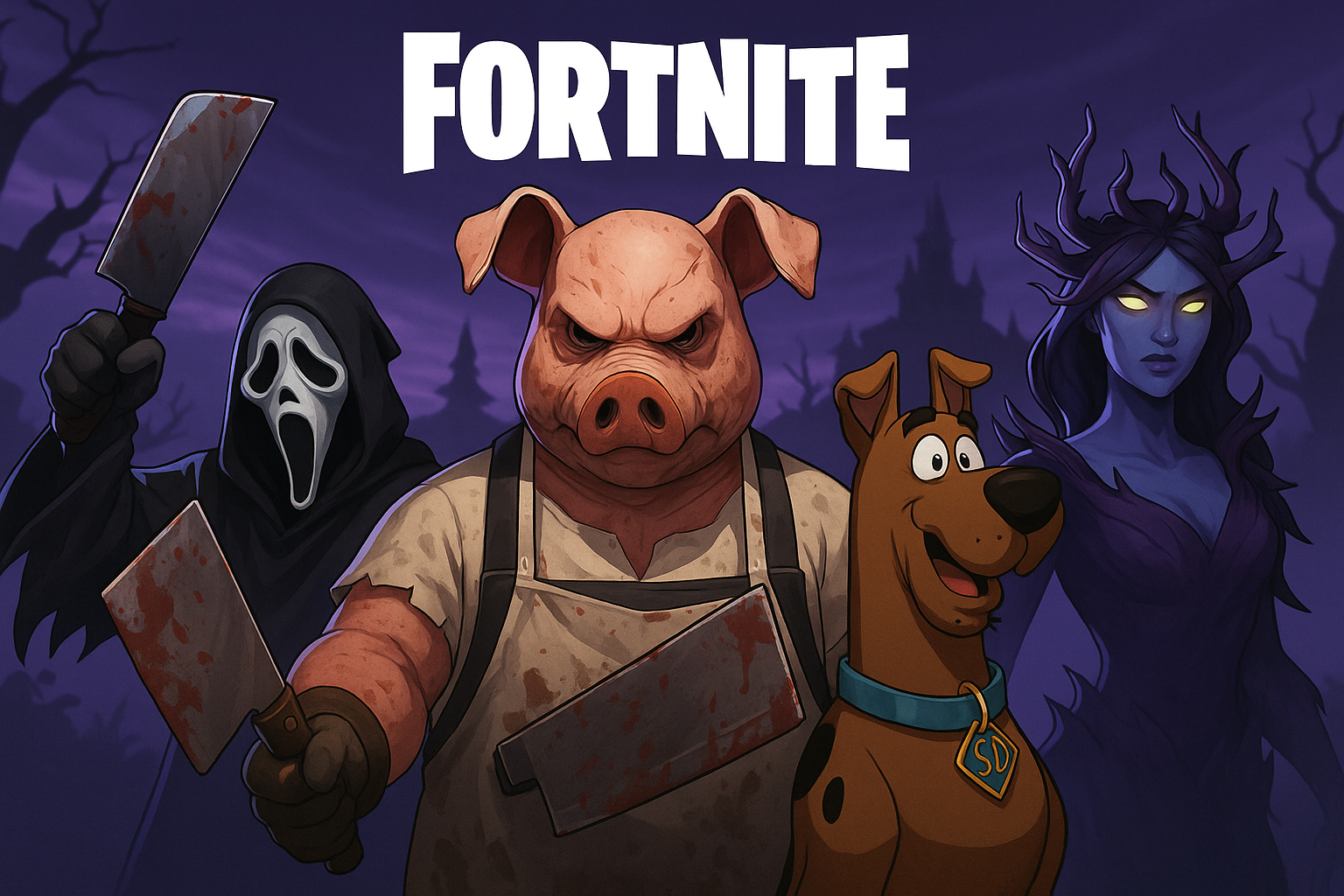 personajes de Fortnitemares 2025 en Fortnite, incluyendo Pig The Butcher, Ghostface, Scooby Doo y Mother of Thorns en un ambiente oscuro de Halloween