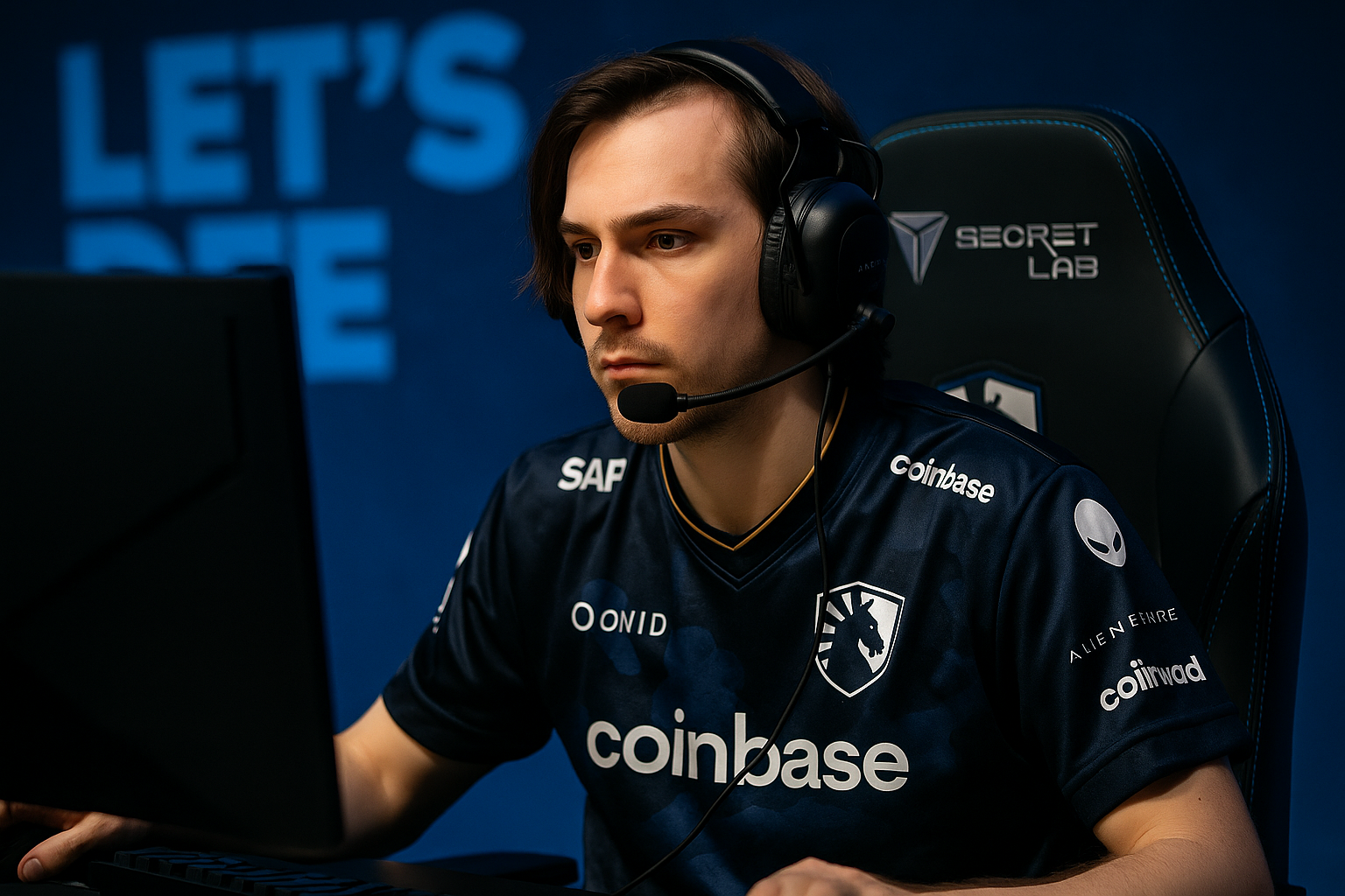 jugador profesional de Dota 2 de Team Liquid concentrado durante un torneo con luces azules y ambiente competitivo