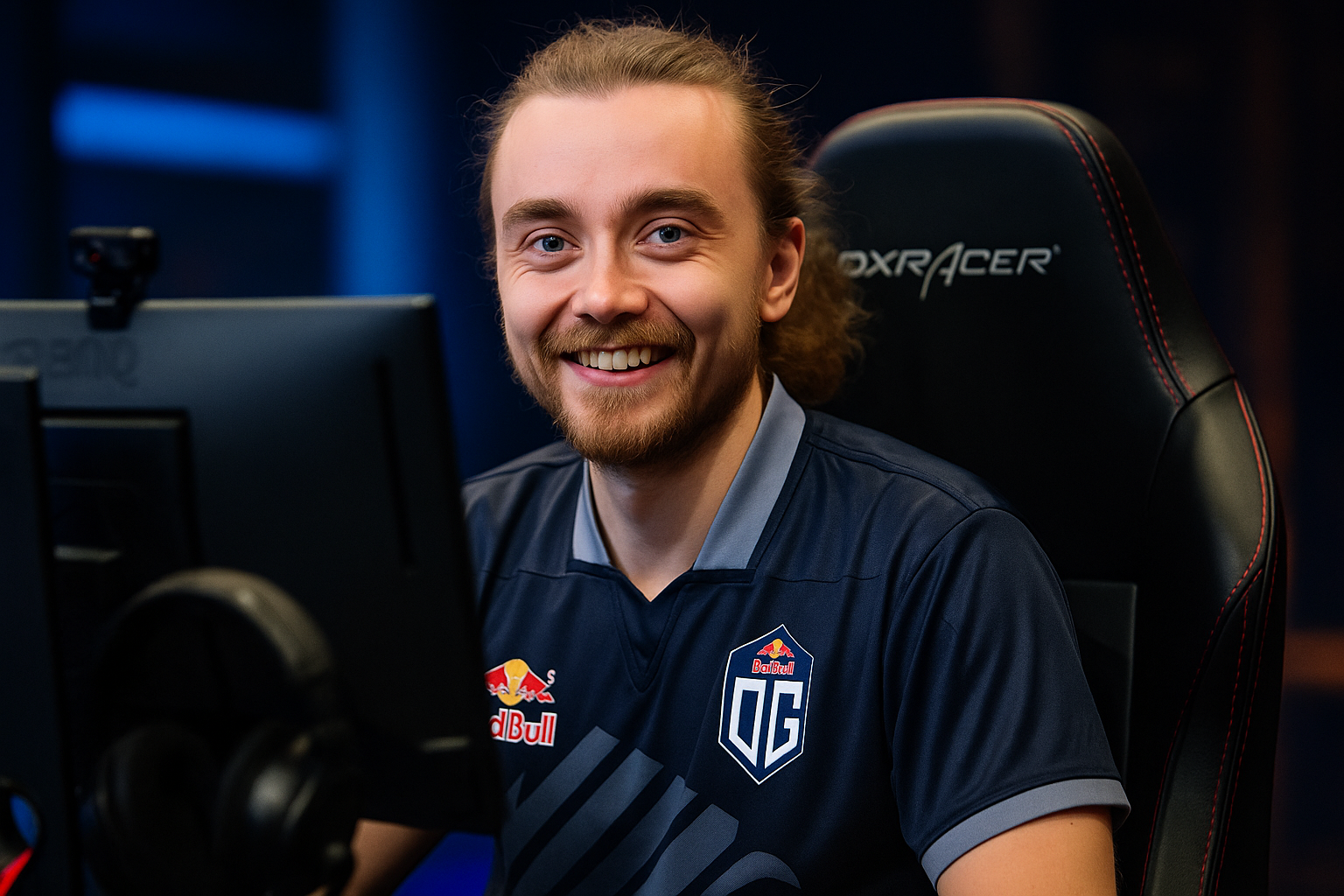 Jugador profesional de OG sonriendo frente al monitor durante un torneo de Dota 2 con luces azules y naranjas