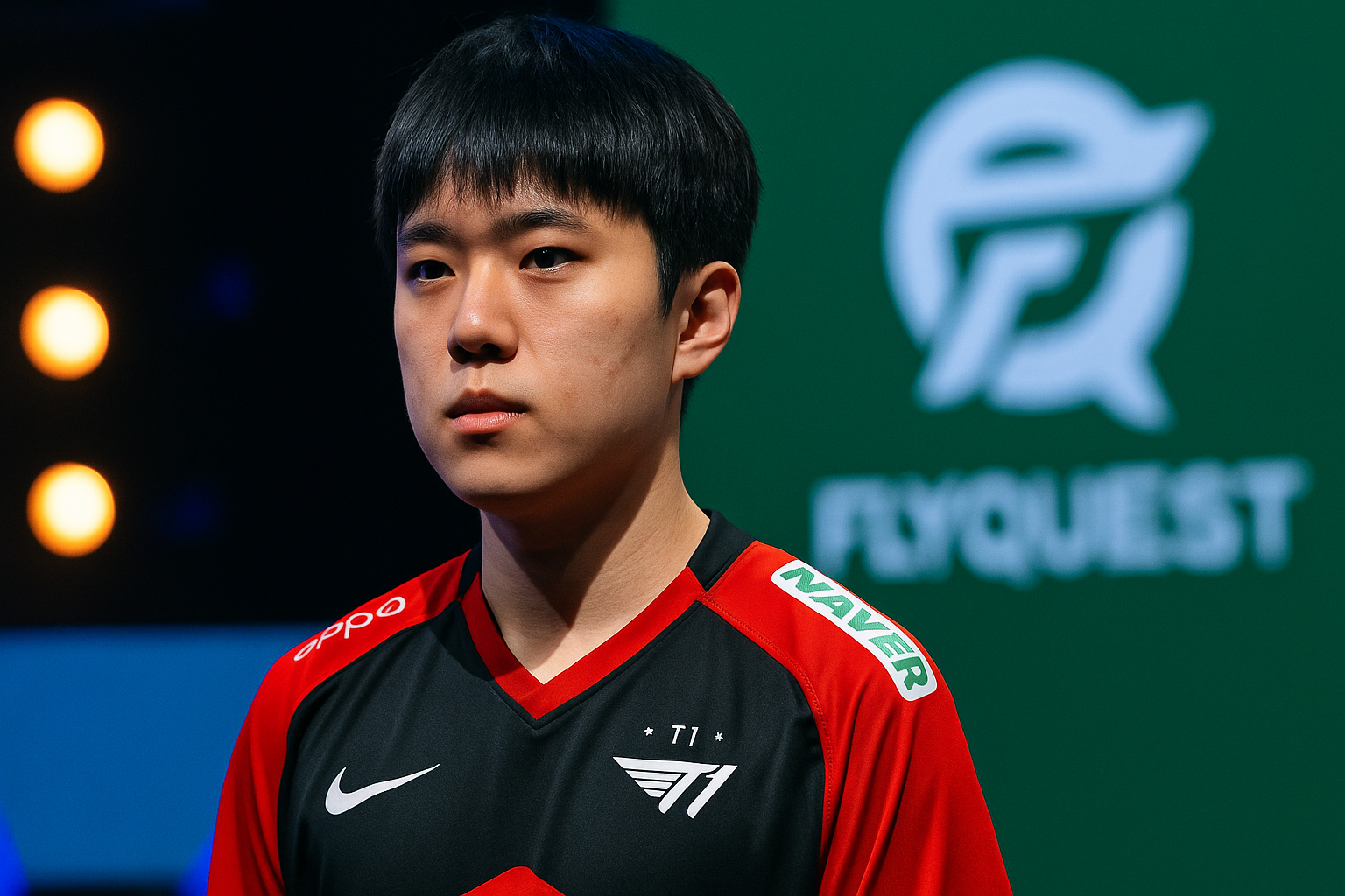 Jugador de T1 concentrado en el escenario de Worlds 2025 con el logo de FlyQuest de fondo y luces de torneo