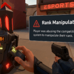 Jugador de VALORANT desactivando la Spike mientras aparece una alerta de manipulación de rango en un mapa competitivo