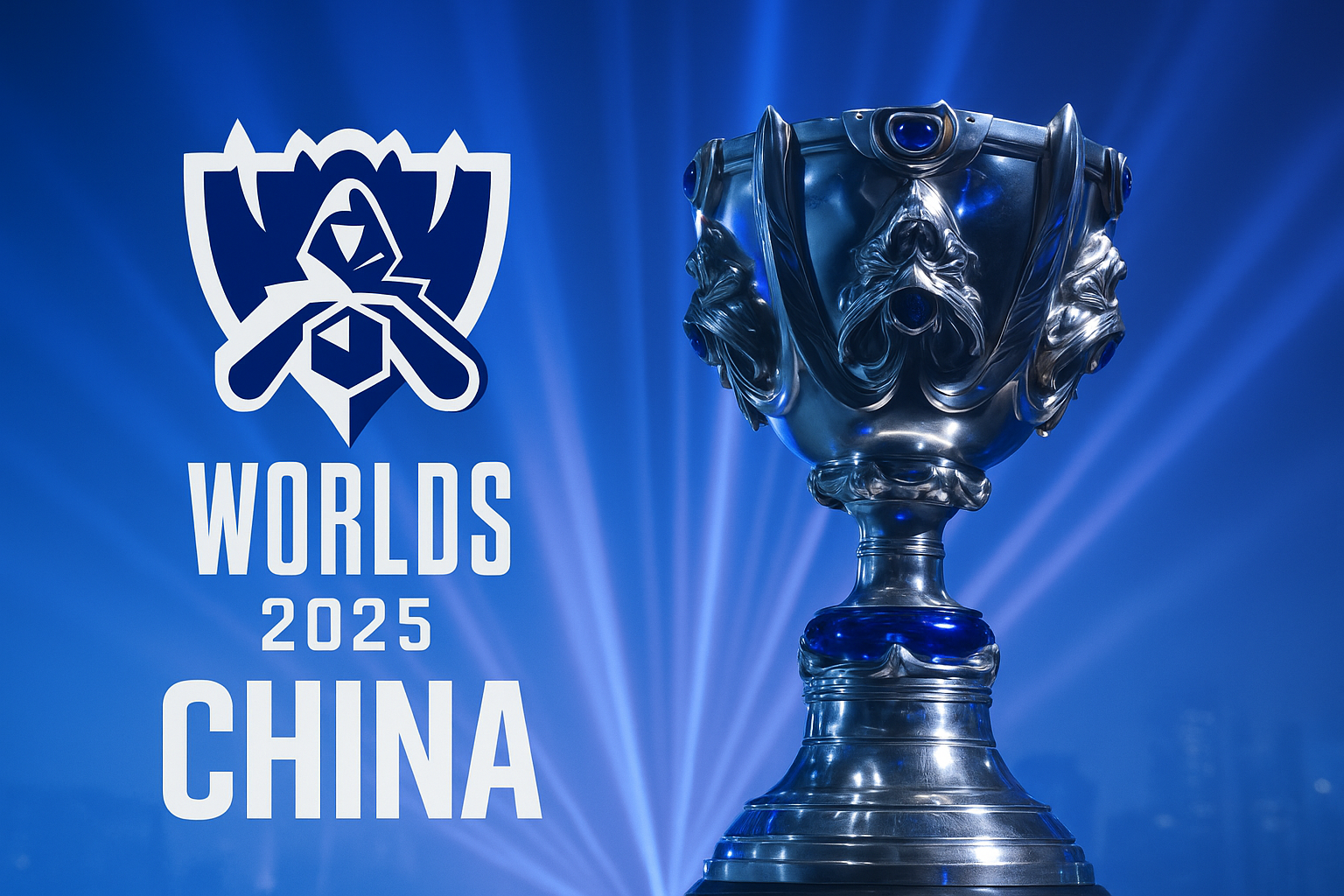 Trofeo del LoL Worlds 2025 en China con luces azules y fondo de estadio.