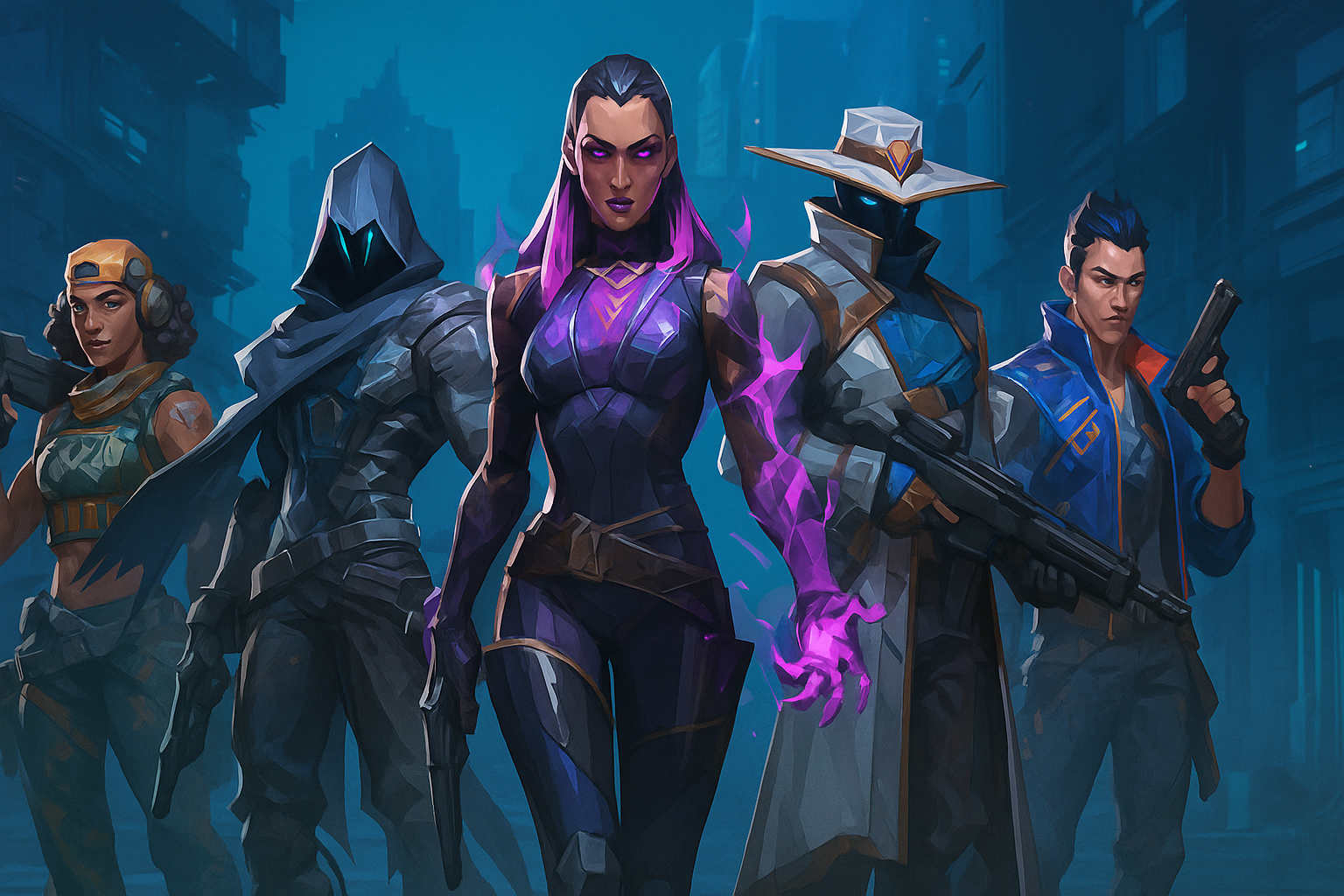 Agentes de VALORANT listos para el combate en un mapa futurista con luces azules y moradas.