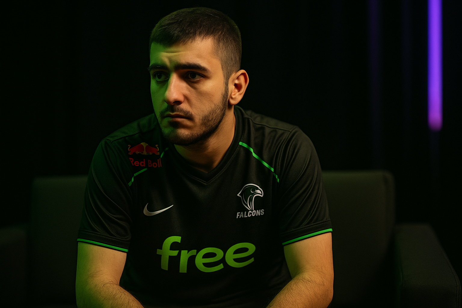 Retrato reflexivo de ATF, jugador de Team Falcons, iluminado por luces verdes y moradas tras ganar TI 2025.