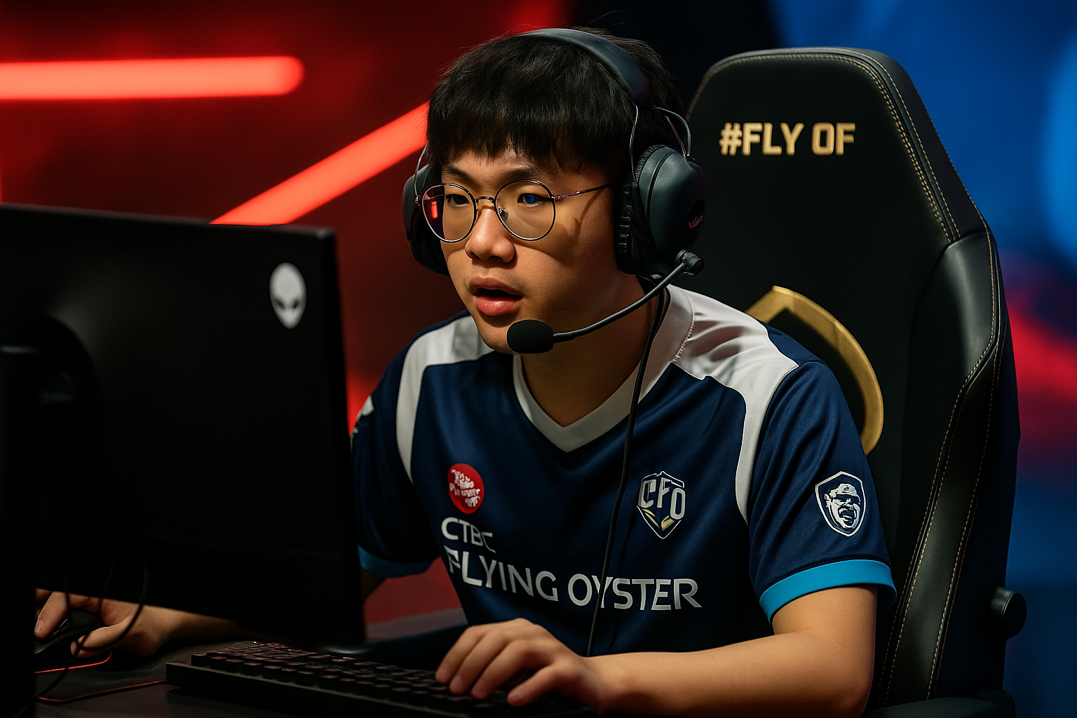 Doggo de CTBC Flying Oyster concentrado en su partida de League of Legends durante Worlds 2025 con luces rojas y azules en el escenario.