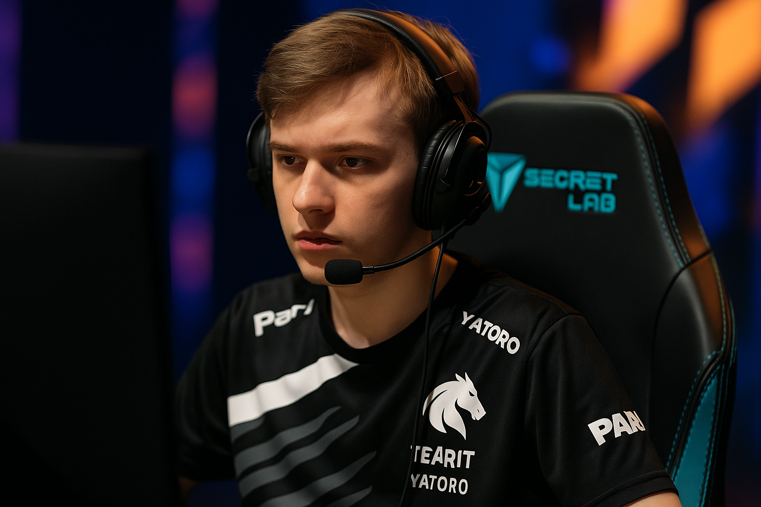 Yatoro de Team Spirit concentrado durante una partida de Dota 2, iluminado por luces azules y púrpuras en el escenario de esports.